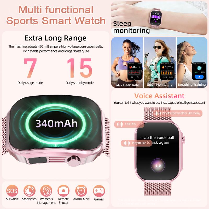 New Curved Screen Women's Smart Watch 2.2" HD Touch Screen Body Temperature Bluetooth Voice Call Men's Fitness Smartwatch