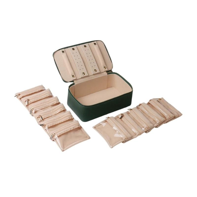 

PU Leather Jewelry Box Accessory Organizer with Clear Zippered Pocket Storage Case for Earrings Bracelets Necklaces темно-зеленого