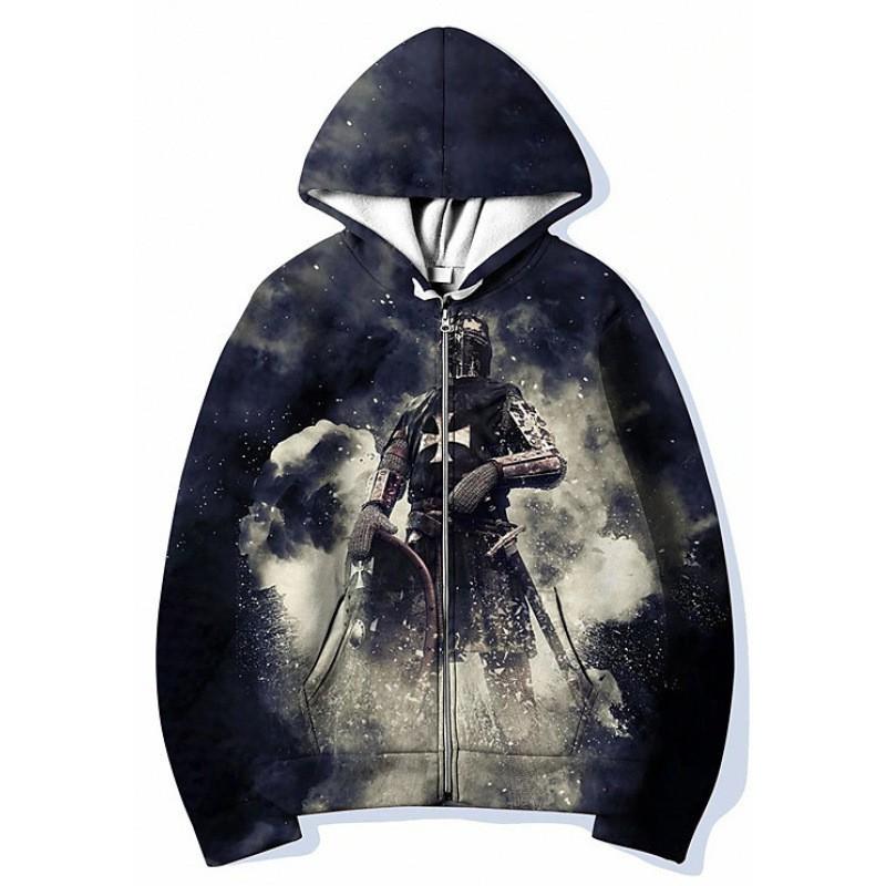 Mens Hooded Zip-Up Sweatshirt 3D Digital Print Loose Fit Streetwear Casual Pullover Fall