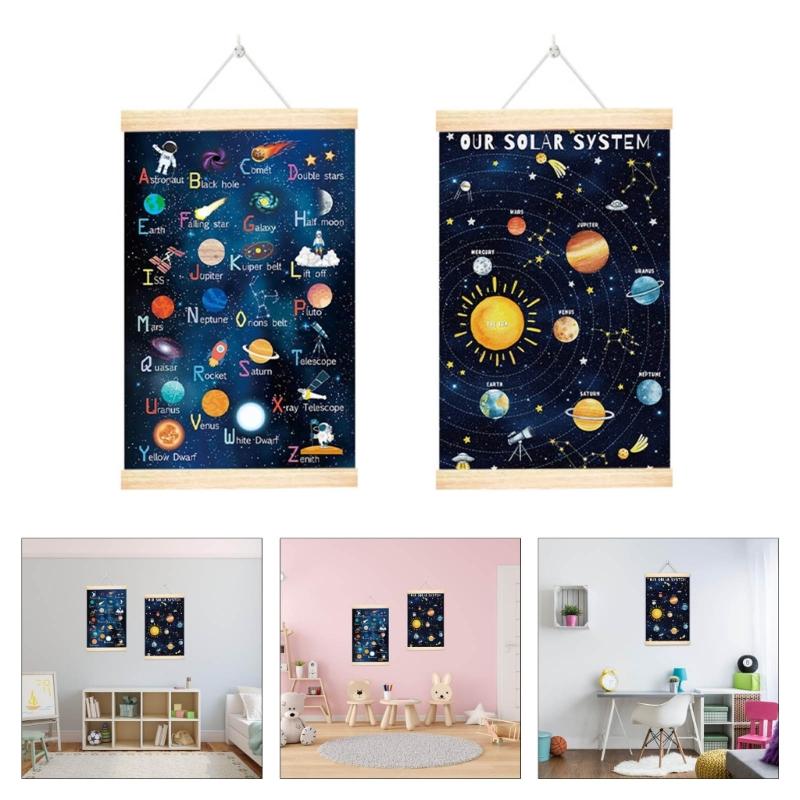 Planet Solar System Wall Art Space Themed Alphabets Poster with Wood Frame for Kids Room Space Decors Educational Poster
