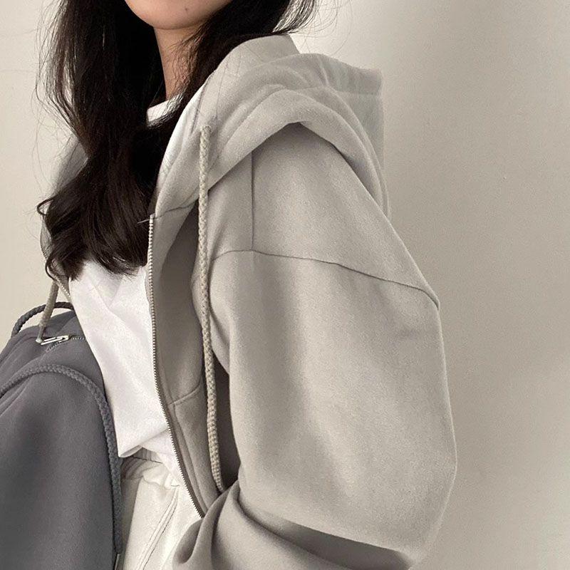 Women's Loose Fit Zip-Up Hooded Sweatshirt - Solid Color, Autumn/Winter 2025 Collection, Available in 6 Colors.