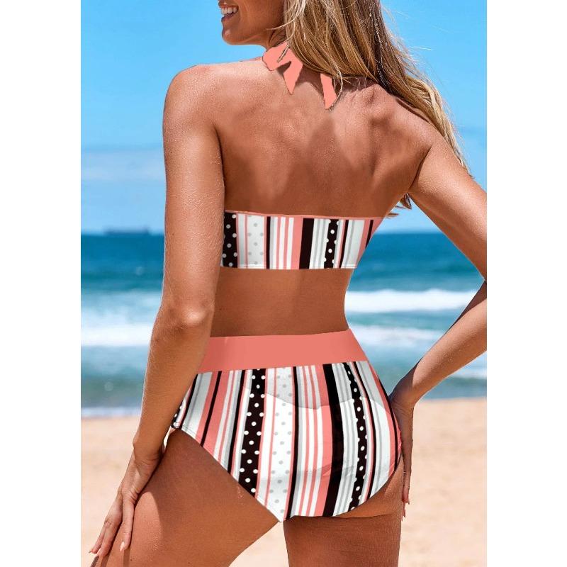 Summer New High Quality Women's Bikini Pool Swimsuit Vintage Pink Stripe Printed Camo Swimsuit S-3XL