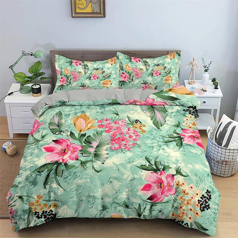 Copripiumino Botanico Floreale King Foglie Fiori Set Biancheria da Letto Microfibra Fiore di Primavera Copripiumino Singolo Doppio Per Adolescente Adulto