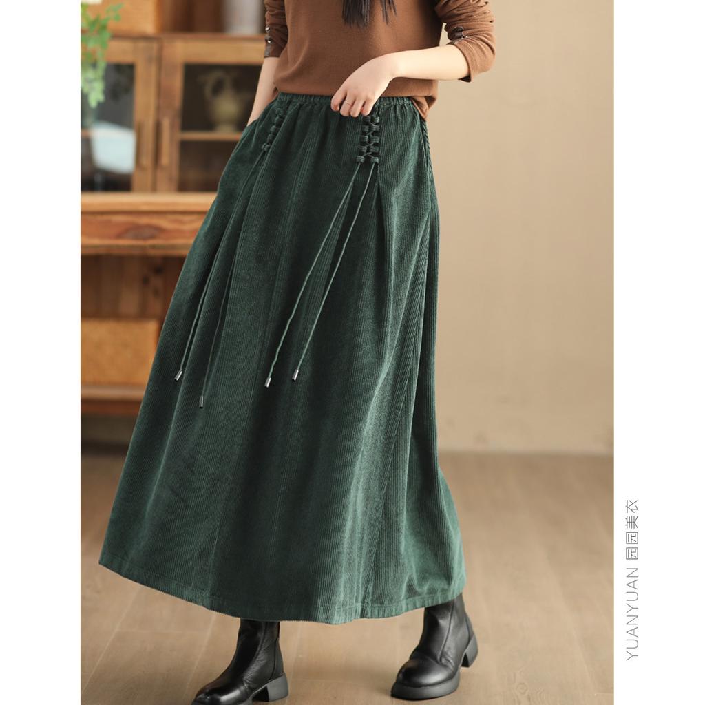 Women Vintage Corduroy Midi Skirt Elastic Waist Drawstring A-Line Maxi Skirt Casual Solid Long Half Skirt Autumn