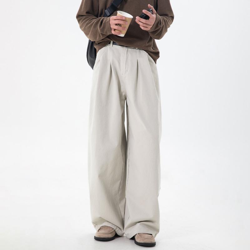 Heren Katoenen Casual Broek Losse Rechte Pijp Dubbele Plooizakken
