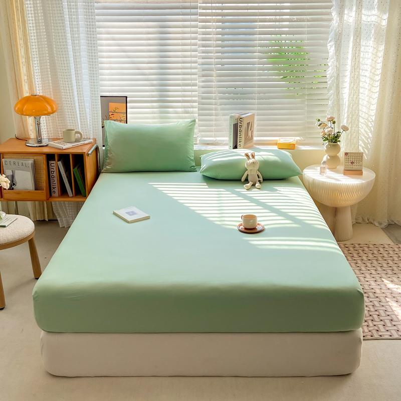 Simple Solid Color Blue Fitted Sheet Set 3Pcs Japanese Style Mattress Cover Skin-friendly Breathable Queen Size Bedding Set