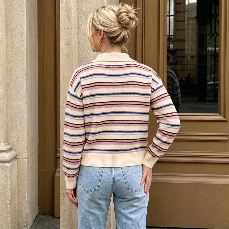 2026 Autumn/Winter Women's Striped Polo Collar Cardigan Sweater - Long Sleeve Knit
