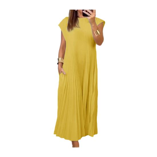 Women s Summer Sleeveless Midi Dress Casual Crewneck Pleated A Line Swing Dress Flowy Long Party Dress S жёлтый