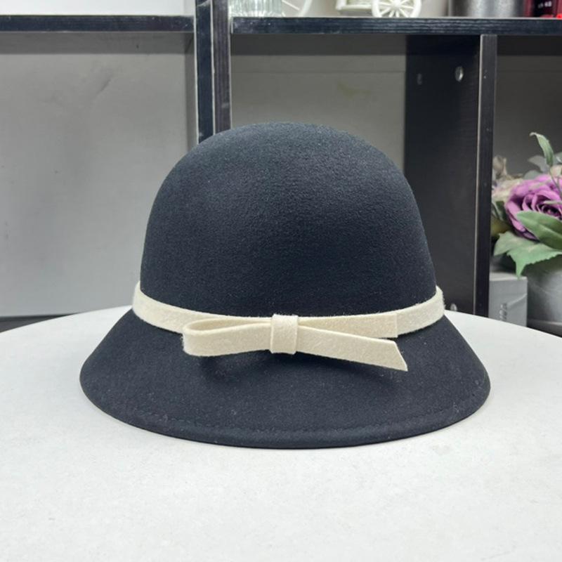 Hepburn small fragrant wind wool styling basin hat women's autumn and winter simple and elegant bow bucket hat small brim hat
