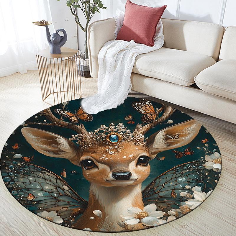 Deer with Flowers Round Area Rug,Carpet Rug for Living Room Bedroom Sofa Playroom Decor,Non-slip Floor Mat