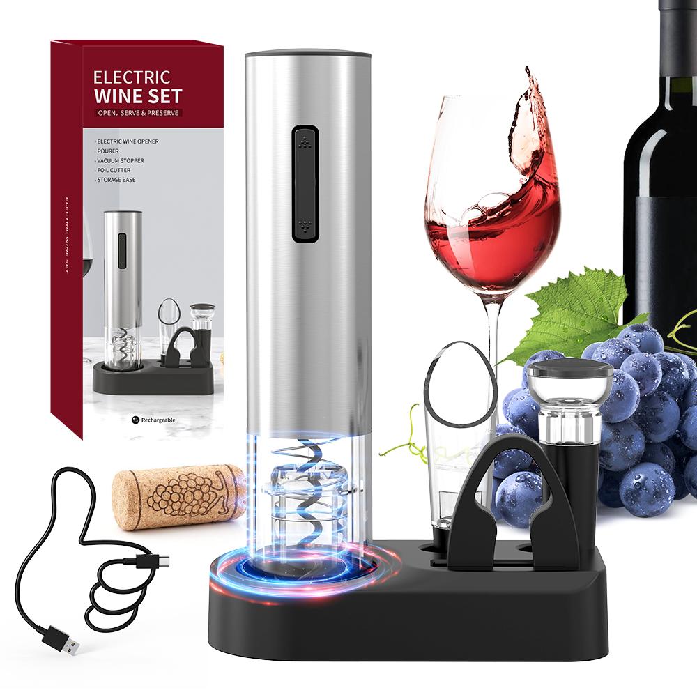 Rechargeable Electric Wine Opener Set Automatic Electric Wine Opener with Stand Metal Opener with Foil Cutter Pourer Stopper 5