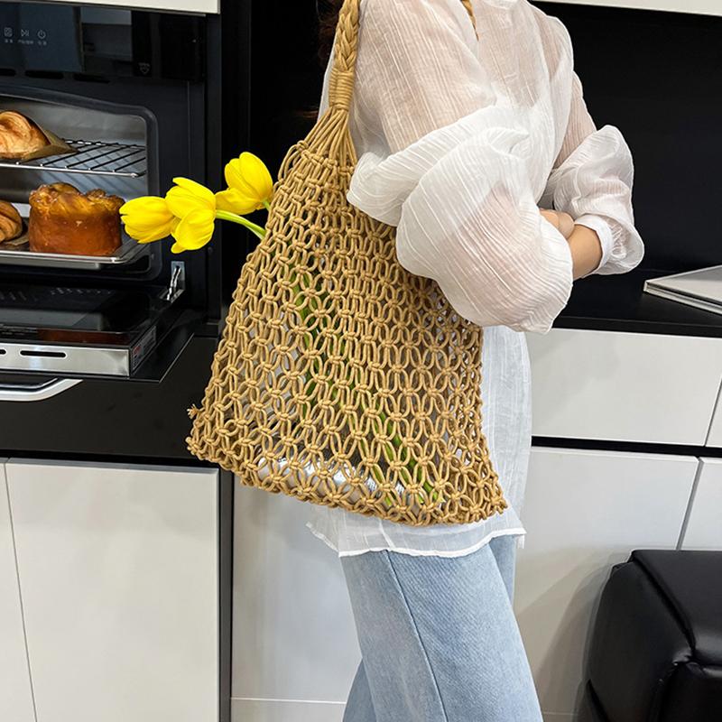and-Woven Bag Women Handmade Hollow Handbag Female Shoulder Bag Big Capacity Summer Casual Travel Beach Tote Purse