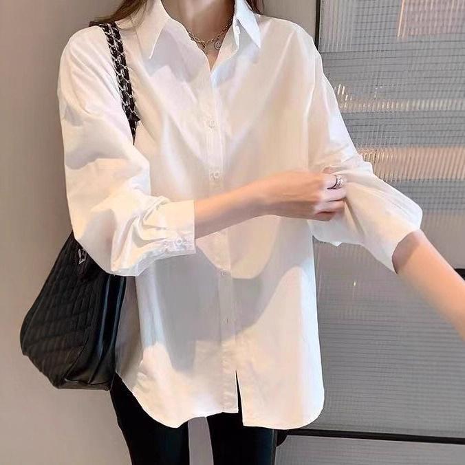 Women's Casual White Shirt: Spring/Autumn Pure Cotton, Loose Fit, High-End Design, Plus Size