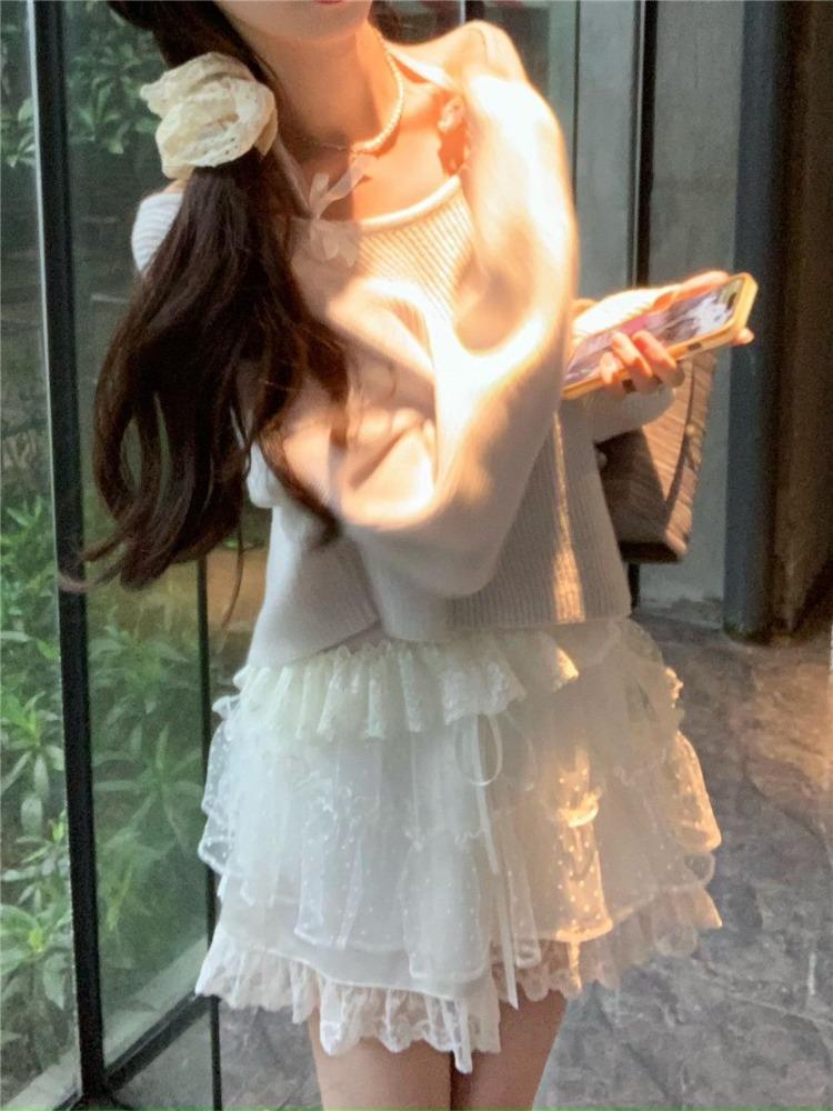 Sweet Vintage Princess High Waist Skirt Women Spring New White Floral Cake Clothing Female Fairy Cute Lace Pure Color Skirt 2024