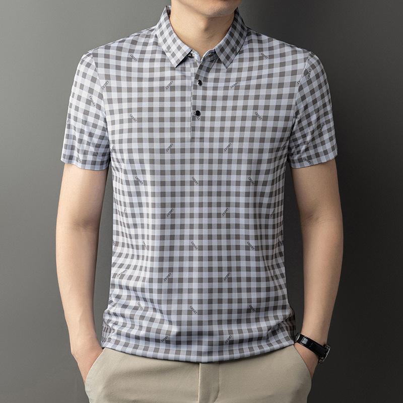 Summer Printed Ice Silk Plaid Traceless T-Shirt Polo Shirt Short Sleeve Men'S Lapel Casual Breathable Top