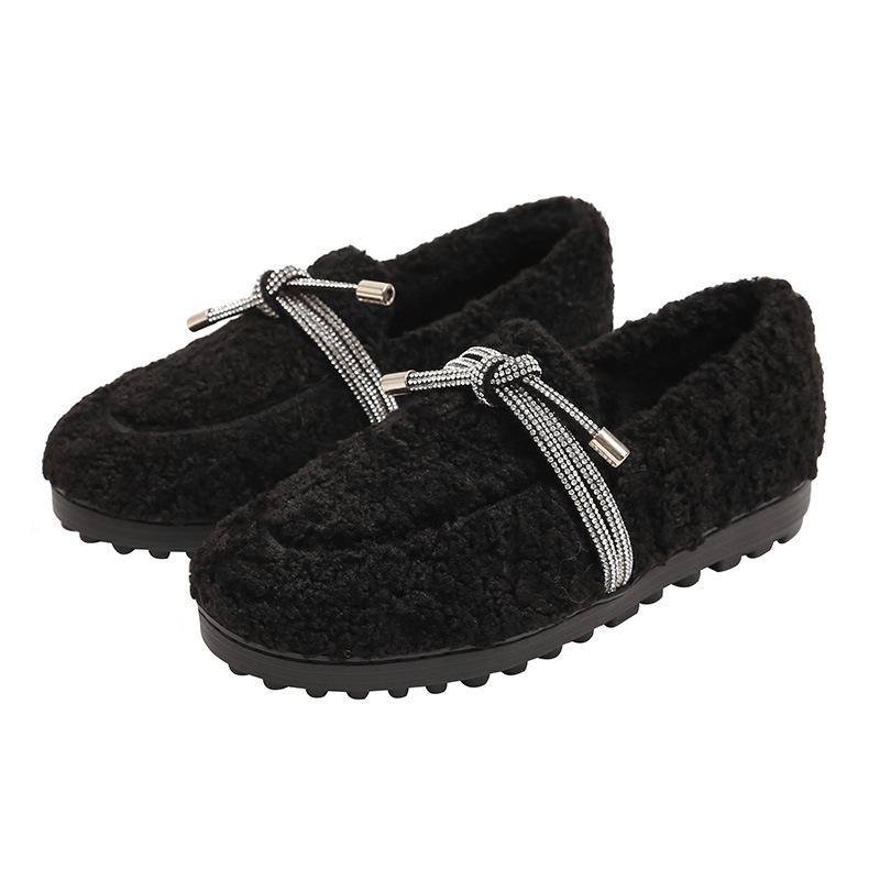 Fashion Curly Fur Shoes Woman Glitter Bowtie Cotton Flats Lambswool Loafers Ladies Winter Footwear Cashmere Plush Shoes Comfy Moccasins