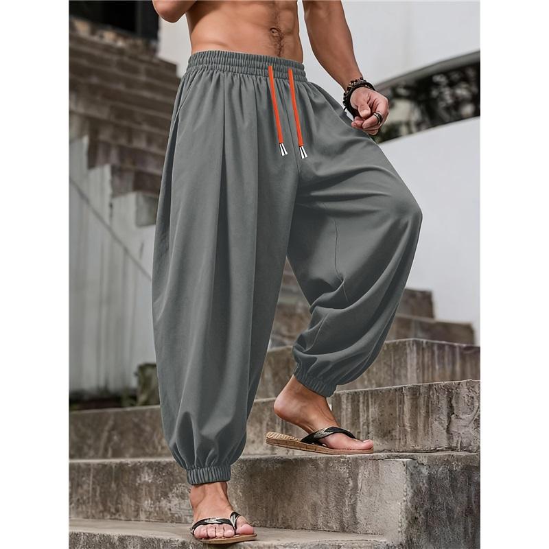 Men's Loose-fit Harem Pants, Elastic Drawstring Waist, Non-stretch Casual Lantern Trousers, Lightweight Quick-dry