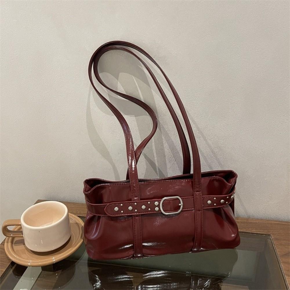 Rivet Belt Buckle Underarm Bag Shiny Tote Bag Trendy PU LeatherShoulder Bag For Women