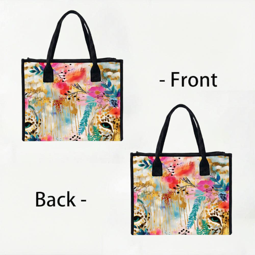 Boho Watercolor Leopard Tote Bag Floral Art Shopping Handbag for Daily Use