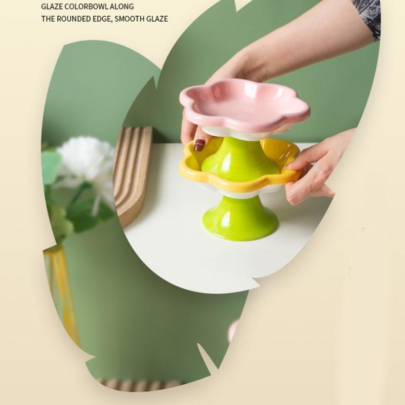 Ceramic Pet Bowl Flower Shape Cats Food Dish Nonslip Elevated Stand Feeding Plate for Neck Protections and Easy Cleaning