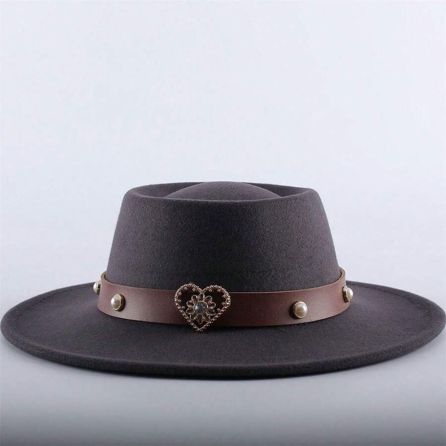 Vintage Western Wide Brim Felt Fedora Hat With Decorative Band For Women And Men