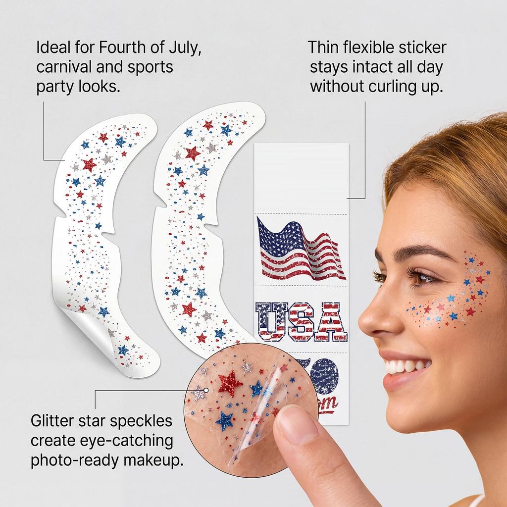 Sparkle Freckle Patriotic Face Tattoos USA Theme Temporary Face Stickers for Holiday Events and Celebrations 11 Pieces Set Easy To Apply and Remove