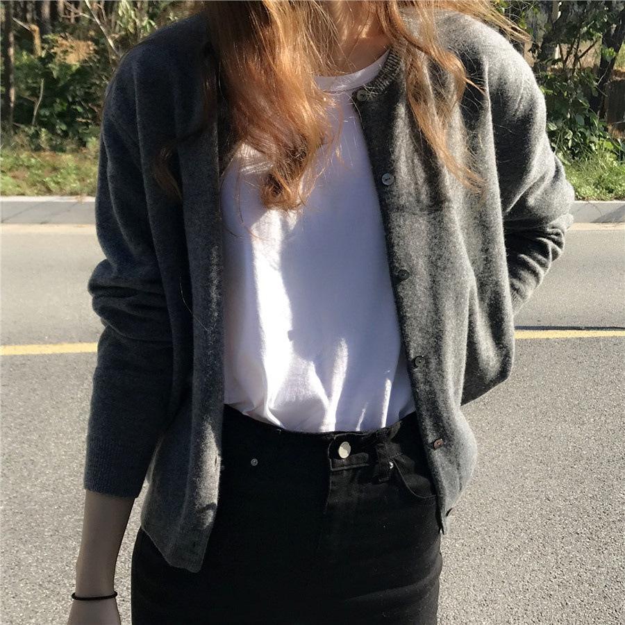 Spring Autumn Round Neck Purple Cropped Knit Cardigan Loose Outerwear Sweater Women