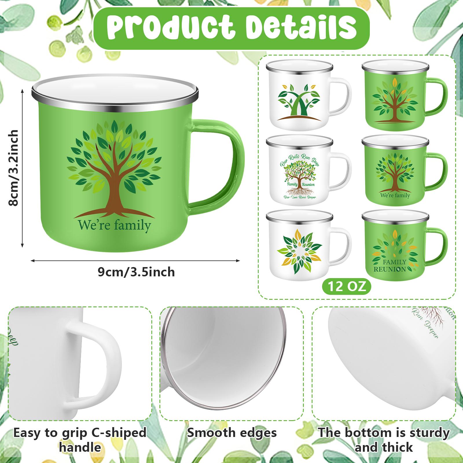 6 Pcs Family Reunion Party Favors 12Oz Family Tree Coffee Enamel Mugs White Green We Re Family Cup With Handle For Home Family G