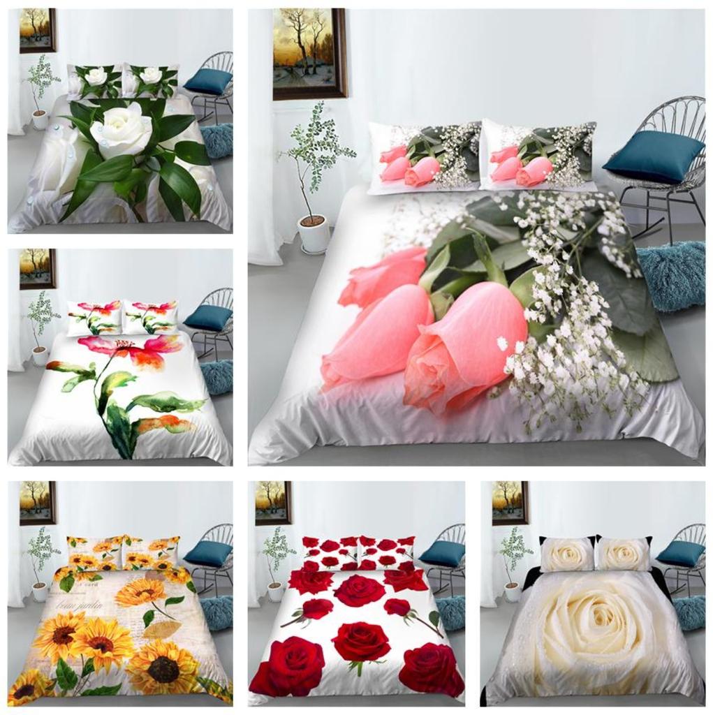 3D Modern Romantic Style Bedding Set Flower Quilt Cover Sheet/double Bed Full-size Bedspread Set Washable Comfortable Home Decoration