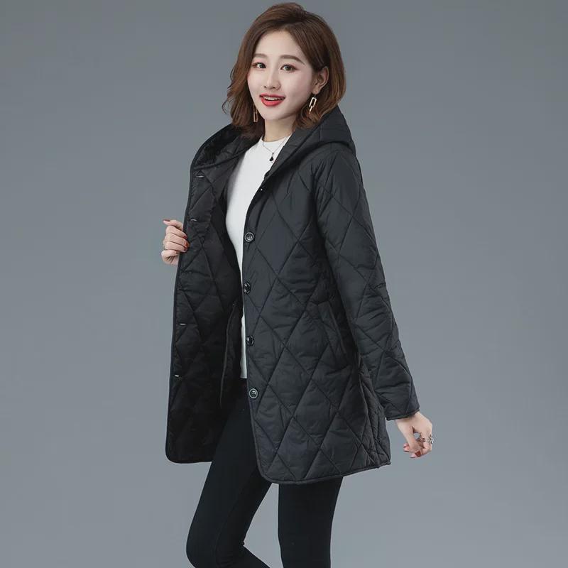 Women's Hooded Diamond-Quilted Winter Jacket 2024 - Solid Color, Warm Cotton, Long-Sleeved.