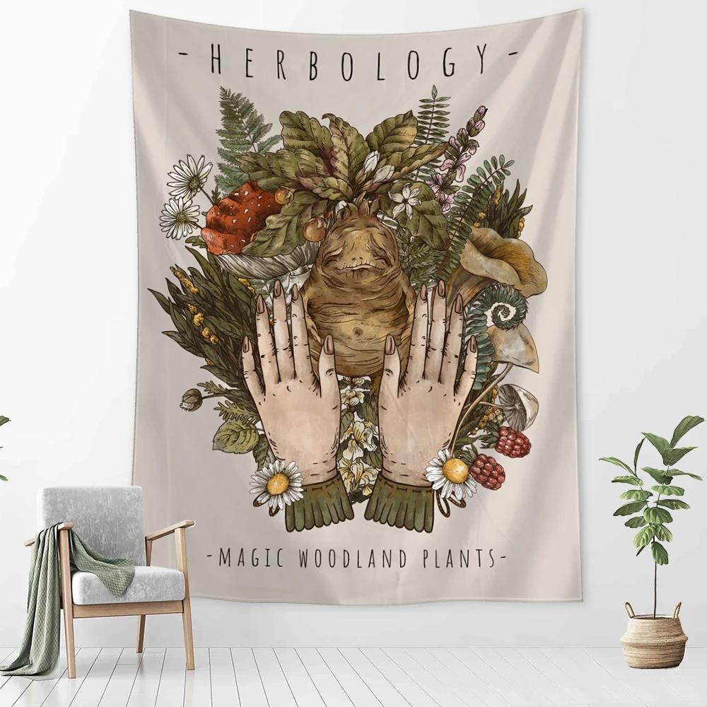 Vintage Magic Mushroom Tapestry Wall Hanging Witch Hand Mural Botanical Mystery Boho Hippie Home Decor