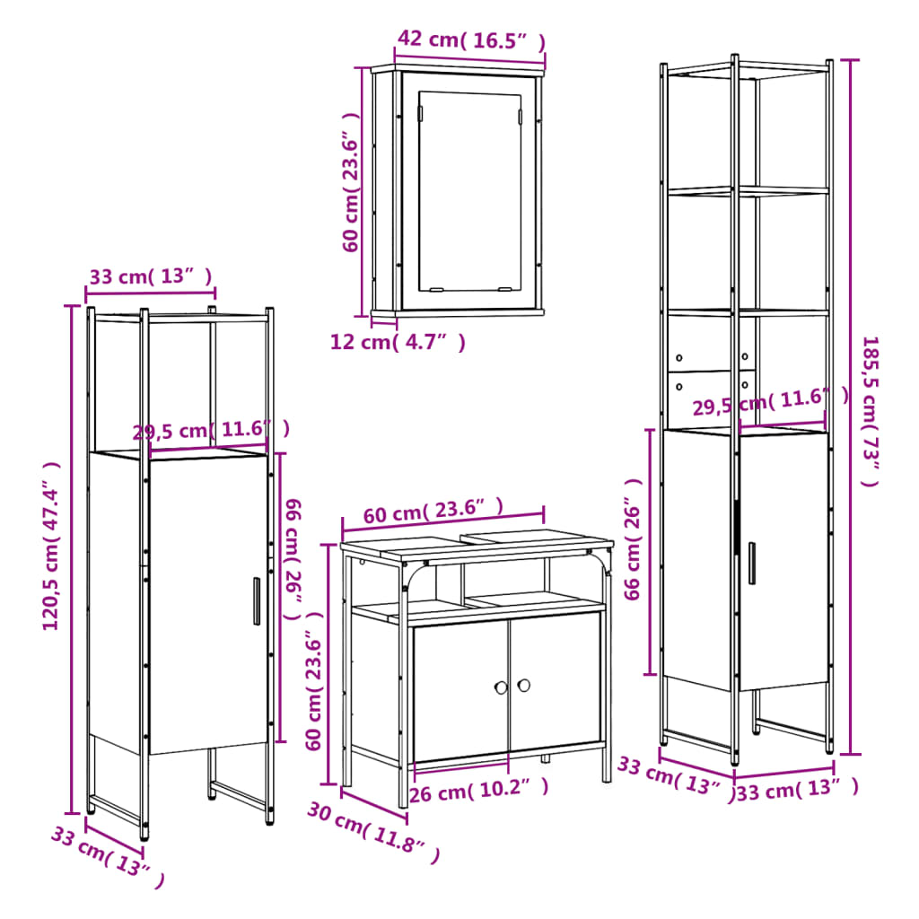 4 Piece Bathroom Furniture Set Smoked Oak Wood Based Material
