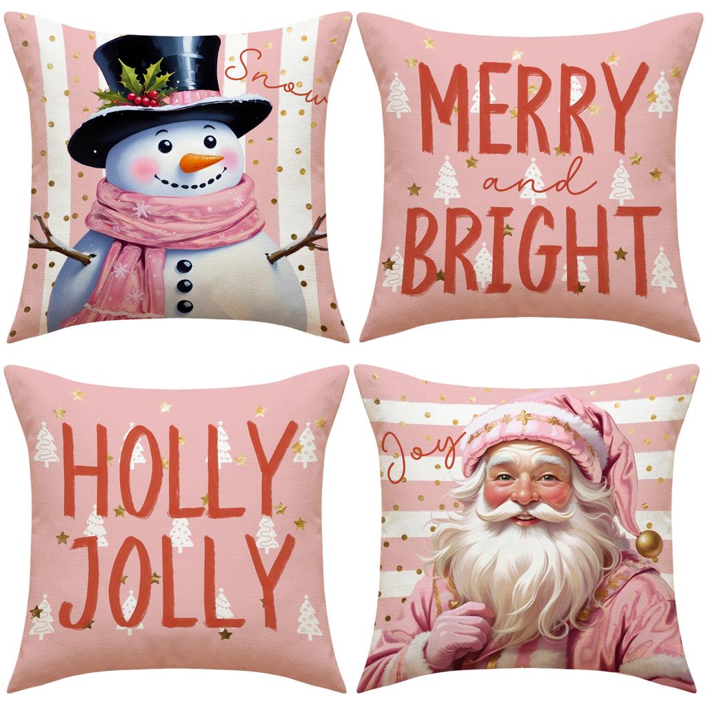 New Christmas Pillow Case Pink Snowman Print Combination Pillow Linen Stain-resistant Living Room Sofa Pillow