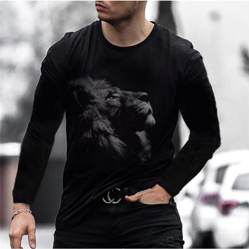 European American men's casual T-shirt with fierce animal 3D digital printing loose men's round neck long sleeved T-shirt