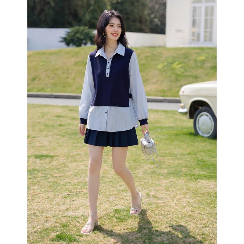 Moka Na Women's Faux Two-Piece Knit Long-Sleeve Sweater