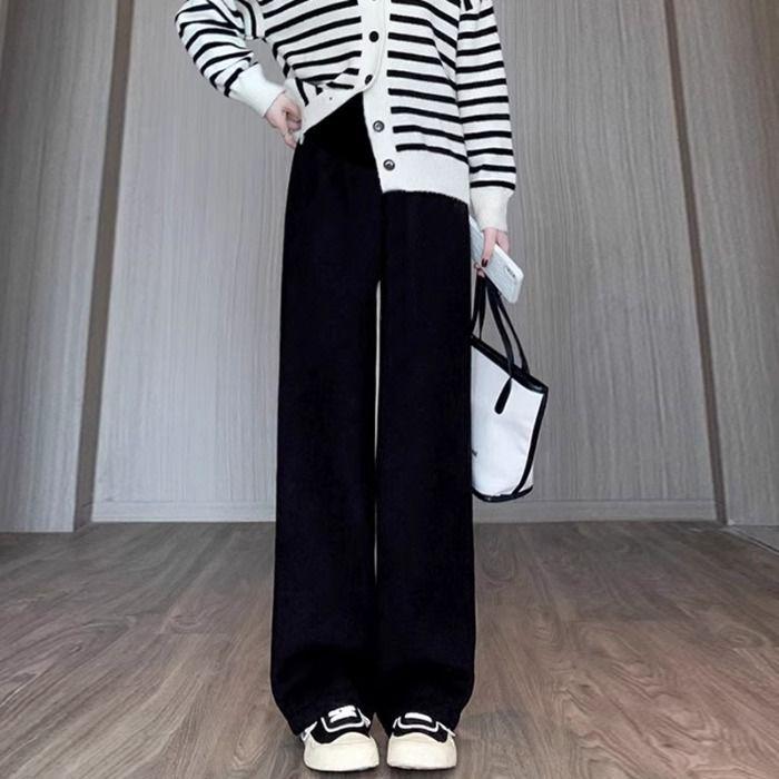 

Maternity Fleece-Lined Wide-Leg Pants: Cozy Knitted, Belly Support, Straight-Leg, Casual Wear for Autumn and Winter. One Size [80-110 lbs]