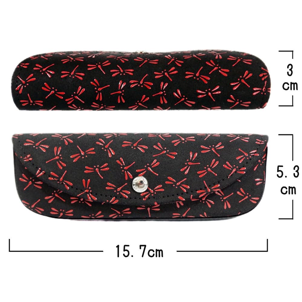 Inden H Brillenetui aus schwarzem Hirschleder mit roter Libelle x x Hartes Etui Inden-ya, Klein, 4210, Lack, Muster, 5,3cm 15,7cm 3cm, Schlank,