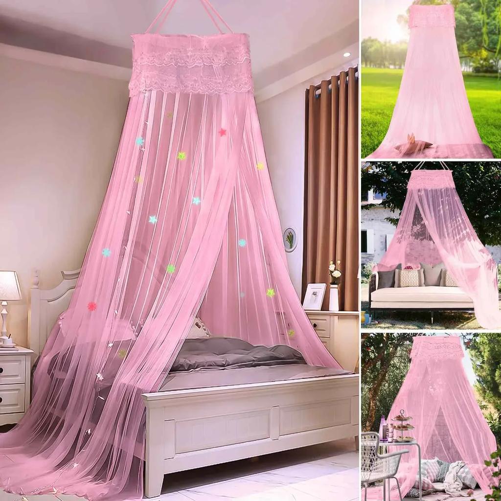 Elegant Lace Bed Canopy Mosquito Net Hung Dome Mesh Canopy Princess Round Dome Bedding Net for Camping Bedroom Bed Mosquito Net