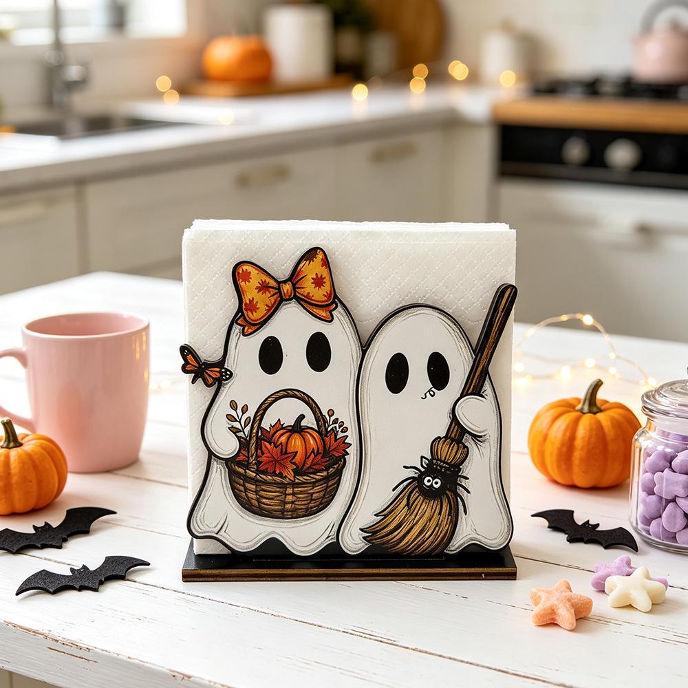 Halloween Cute Black Cat Fox Ghost Wooden Napkin Holder for Festive Table Decoration, Paper Towel Storage Rack with Festive Atmosphere
