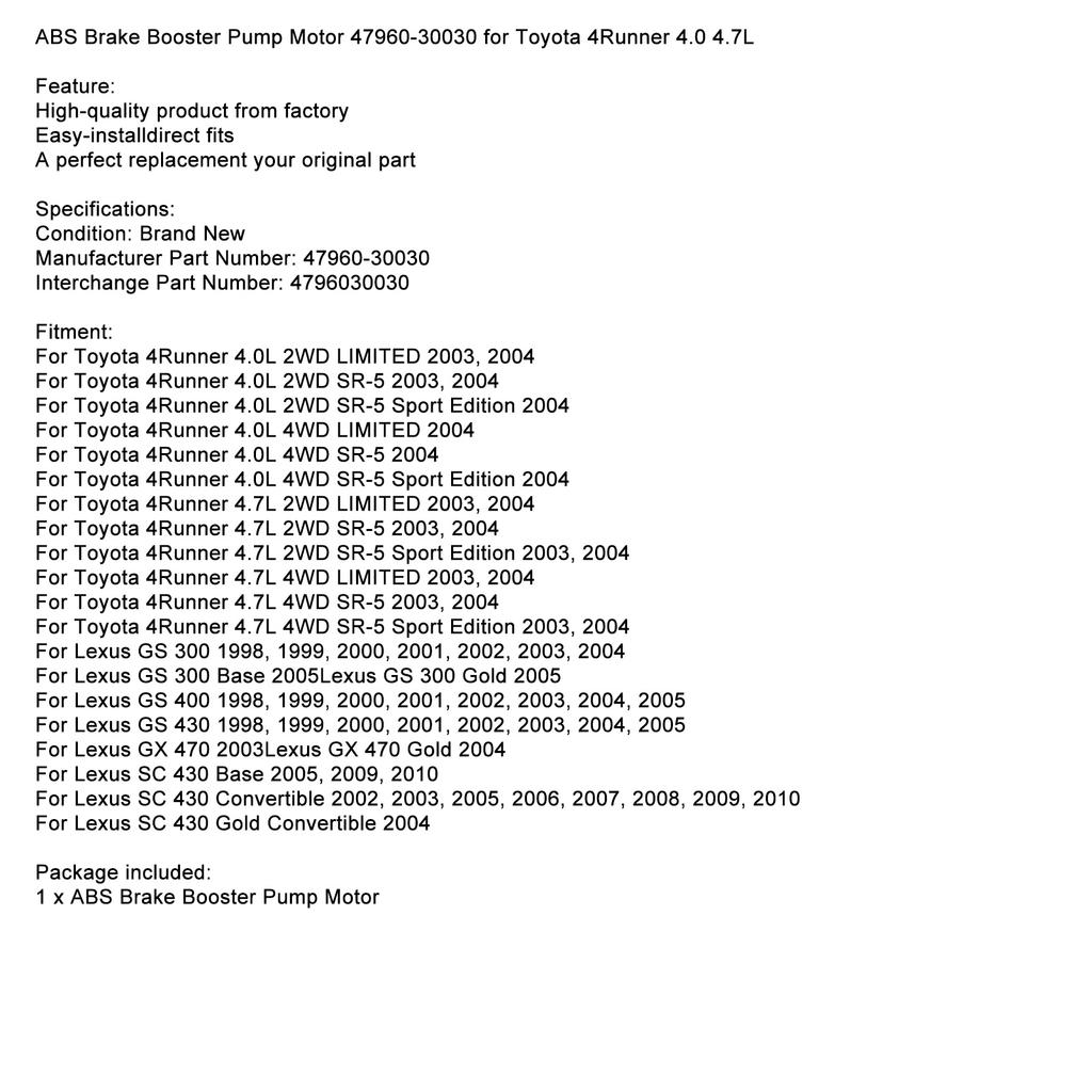 ABS Brake Booster Pump Motor 47960-30030 for Toyota 4Runner 4.0 4.7L
