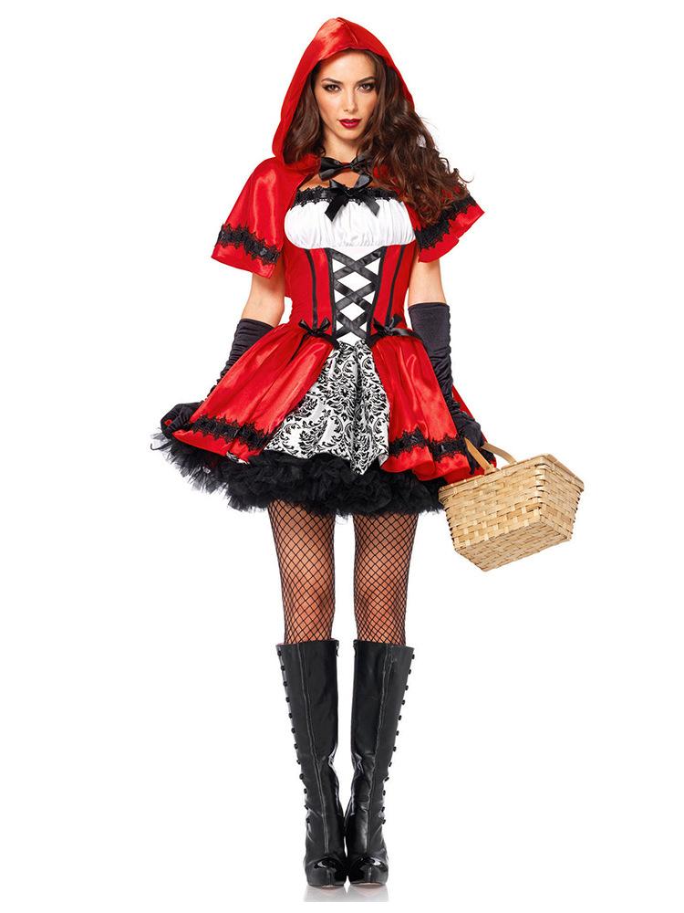 Halloween Red Riding Hood Gothic Corset Dress with Cape Hood Women's Maid Costume Castle Queen Cosplay Outfit