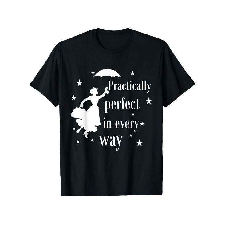 Unisex Cotton Mary Poppins Graphic T-Shirt - Practically Perfect In Every Way Design with Mary & Umbrella Print, Round Neck Short Sleeve Casual Tee