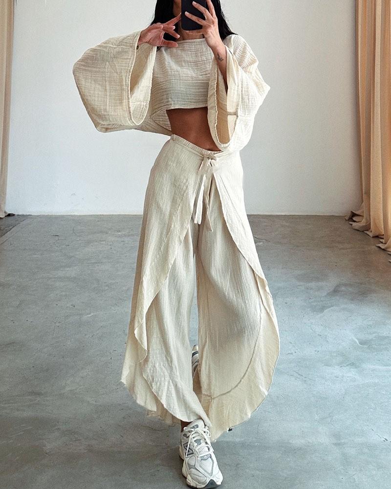 

Women s Cropped Top with Bell Sleeves and Tied Waist Wide Leg Pants Set in Light Beige S абрикосовий