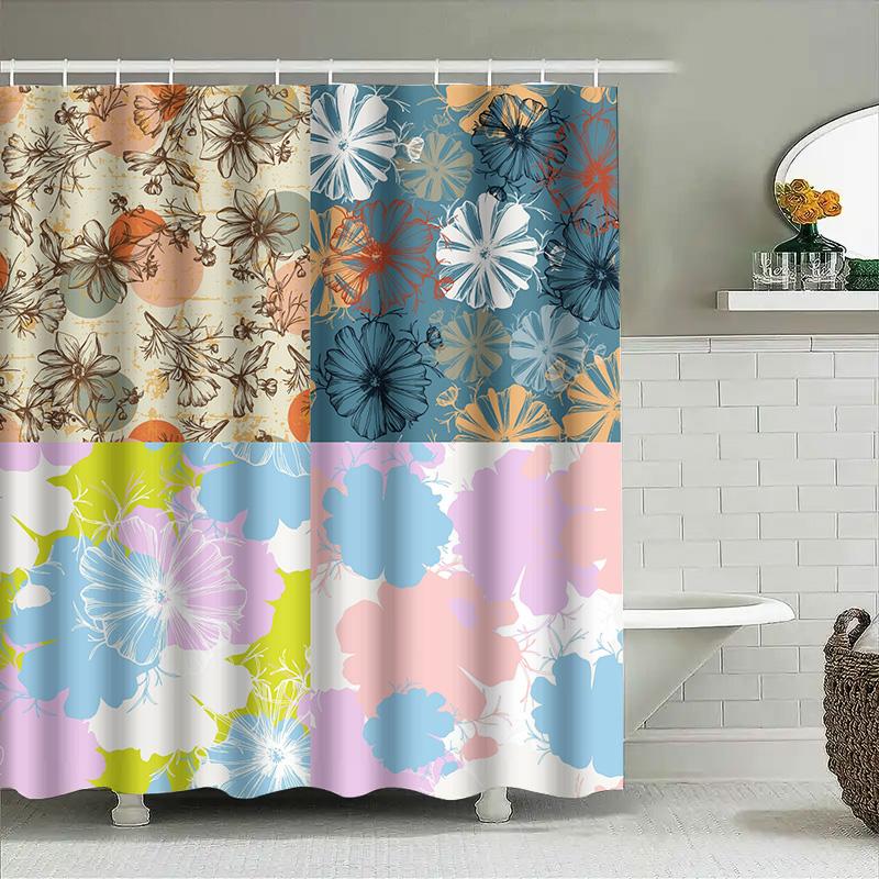 Colorful Shower Curtain Decorative Water Resistant Fabric Home Bathroom Window Decor 4 Panels Set Flower Print Modern Design Wat