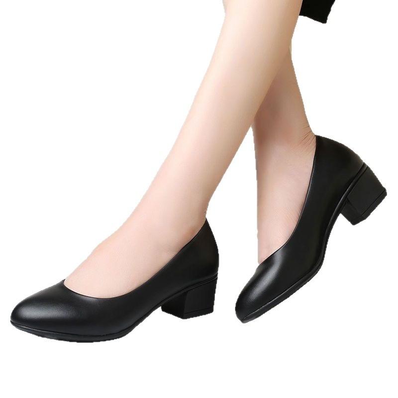 Stewardess work shoes, women's black leather shoes, thick heels, long standing at work is not tired, comfortable feet, career interview high heels