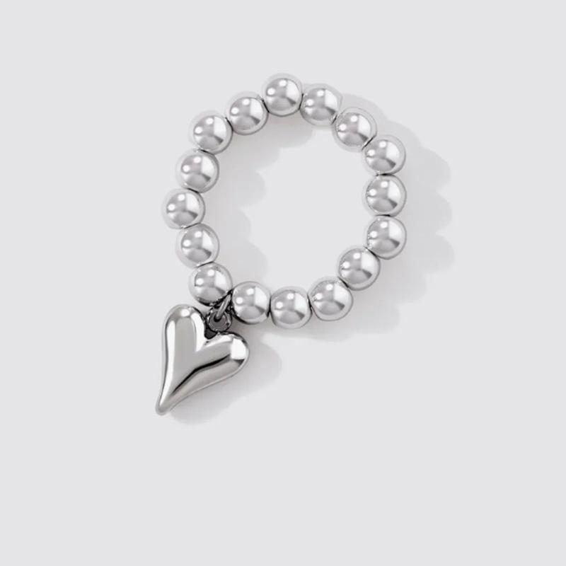 Fashionable Geometric Heart Pendant Ring Stainless Steel Elastic Rope Round Bead Jewelry for Parties and Everyday Wear