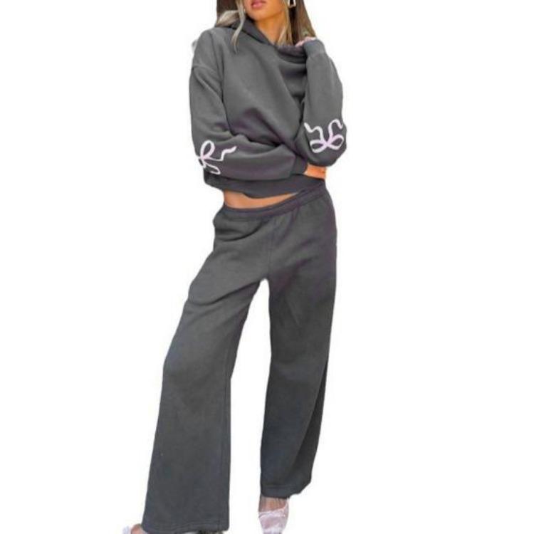 

Women Hoodie Pants Suit Set 2 Pcs Autumn Winter Sport Outfit Bow Printing Hooded Long Sleeve Top Wide Leg Adjustable Waist Trousers Tracksuit L темно-серого