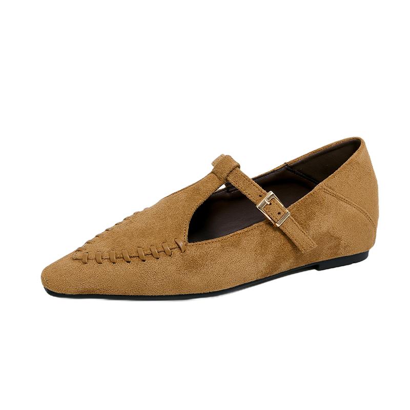 Aphixta 2.5cm Height Increasing Women's Mary Janes Sewing Dec Cow Suede Upper Flats Pointed Toe Autumn Korean Style Ladies Shoes