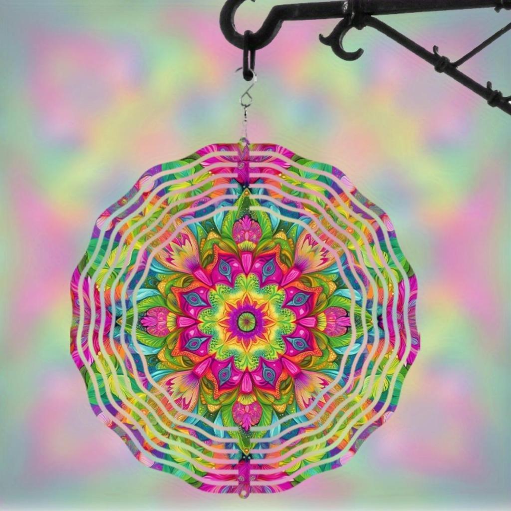 360 Degree Hook Hanging Wind Chime 25.4cm Vibrant Mandala Design Colorful Metal Garden Decor for Patio Balcony All Seasons Durable Outdoor Decor
