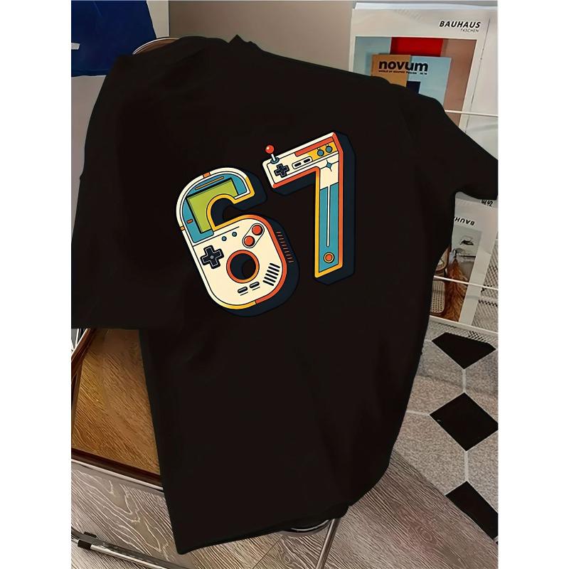 European sizes Children Retro Game Controller Design T-Shirt with Number 67 Casual Summer Top, Medium Stretch Fabric, Perfect for Children